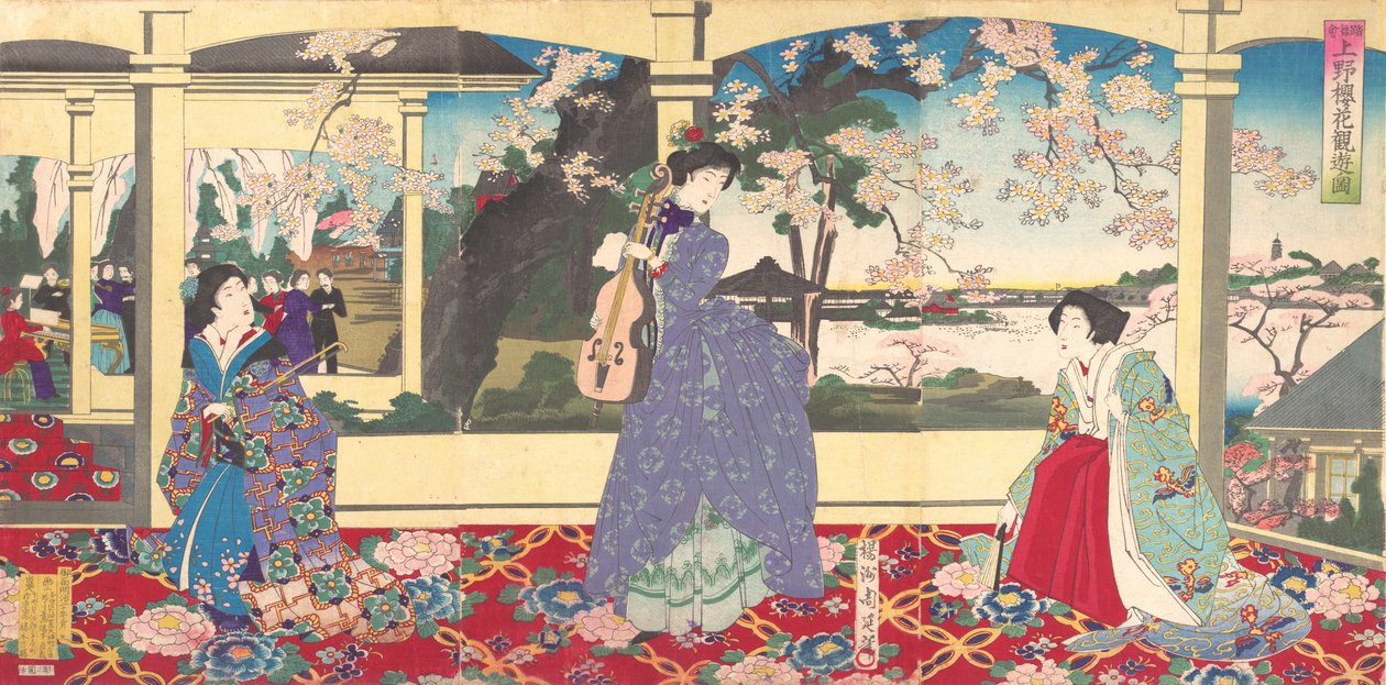 Fiesta de baile: disfrutando de la vista de los cerezos en flor en Ueno Tobukai Ueno oka yuran no z..., marzo, 1887 de Chikanobu Yoshu