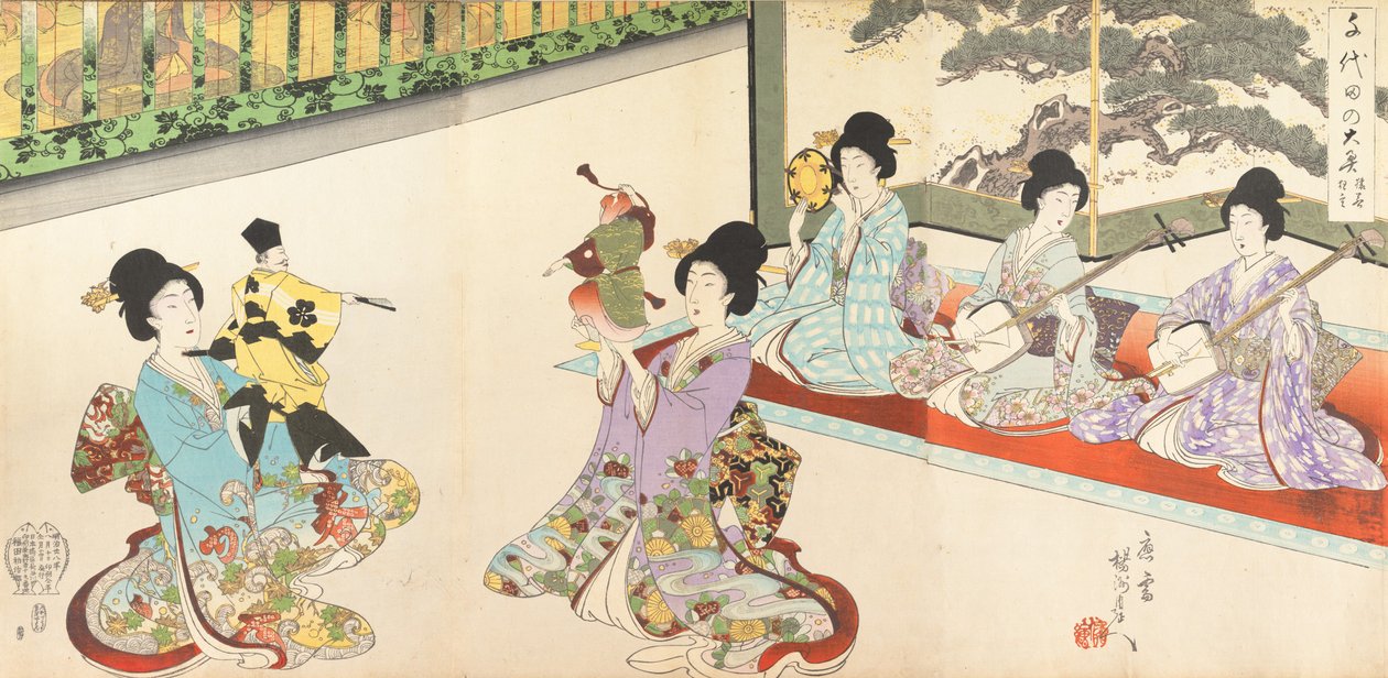 Damas de compañía del Castillo de Chiyoda: Práctica de espada y títeres Kyogen, 1895. de Chikanobu Yoshu