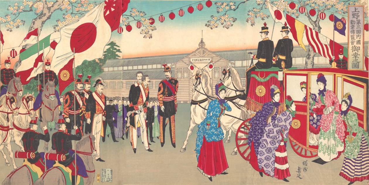Visita de la Emperatriz a la Tercera Exposición Nacional de Promoción Industrial en el Parque Ueno, 1889 de Chikanobu Yoshu