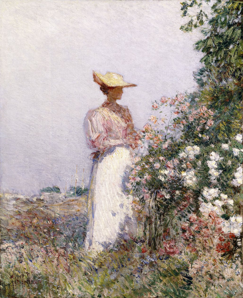 Dama en el jardín de flores de Childe Frederick Hassam