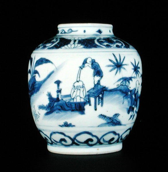 Jarra azul y blanca pintada con un niño tomando un baño, Wanli o Chongzheng, 1600-30 de Chinese School