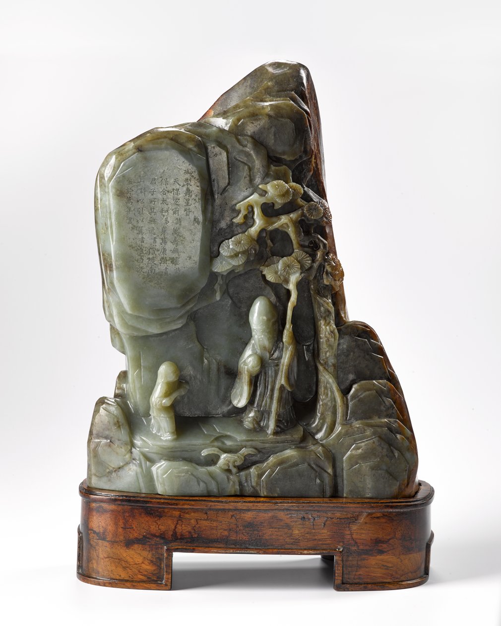 Portapinceles en forma de paisaje montañoso, que contiene la figura de Lao-Zi, el fundador del taoísmo, dinastía Qing de Chinese School