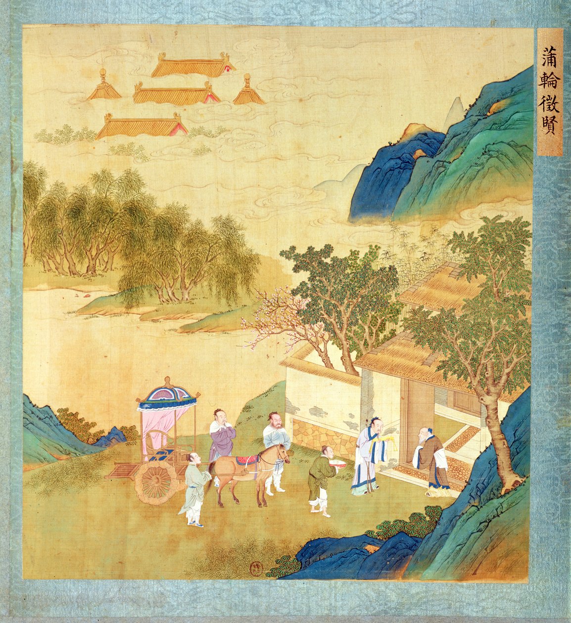 Emperador Wu Ti (156-87 a.C., r. 141-87 a.C.) dando la bienvenida a un hombre de letras, de una historia de emperadores chinos de Chinese School