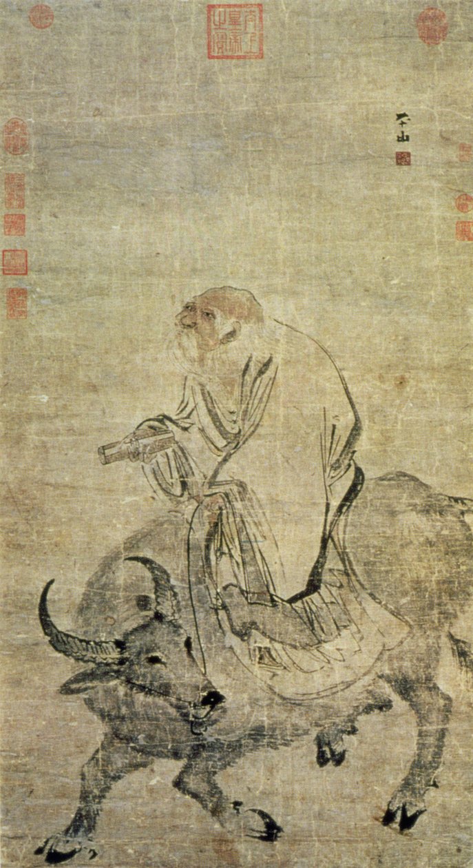 Lao-tzu (c.604-531 a.C.) montando su buey, chino, Dinastía Ming (1368-1644) de Chinese School