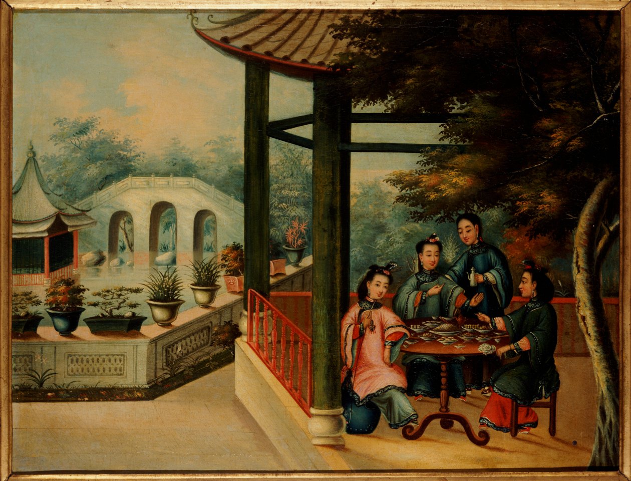 Escena de jardín chino con damas tomando té, mediados del siglo XIX de Chinese School