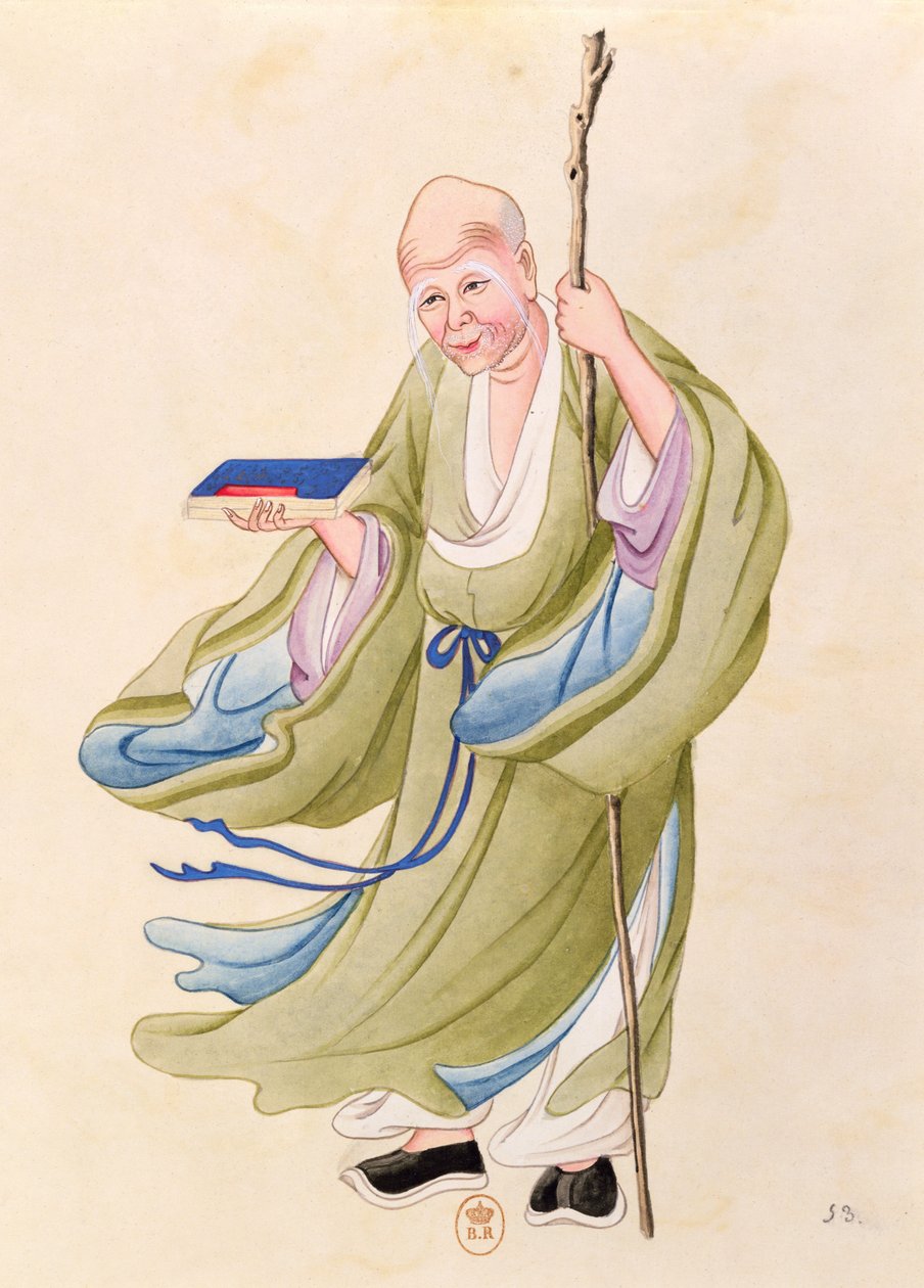 Un anciano chino, ilustración de un álbum de personajes mitológicos chinos de Chinese School