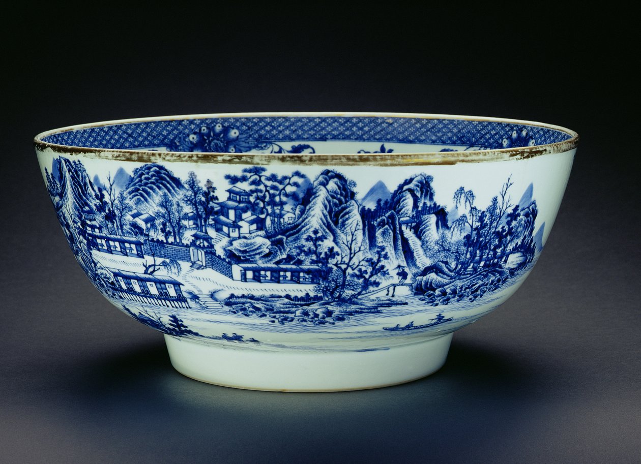 Cuenco azul y blanco decorado con una escena que muestra la fabricación de porcelana de Chinese School