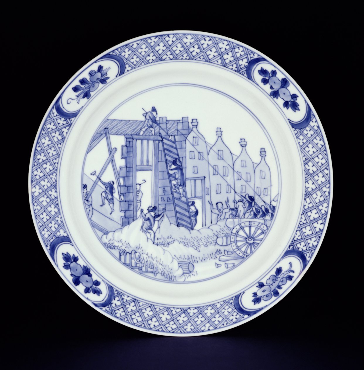 Plato azul y blanco que representa los disturbios de Róterdam de Chinese School