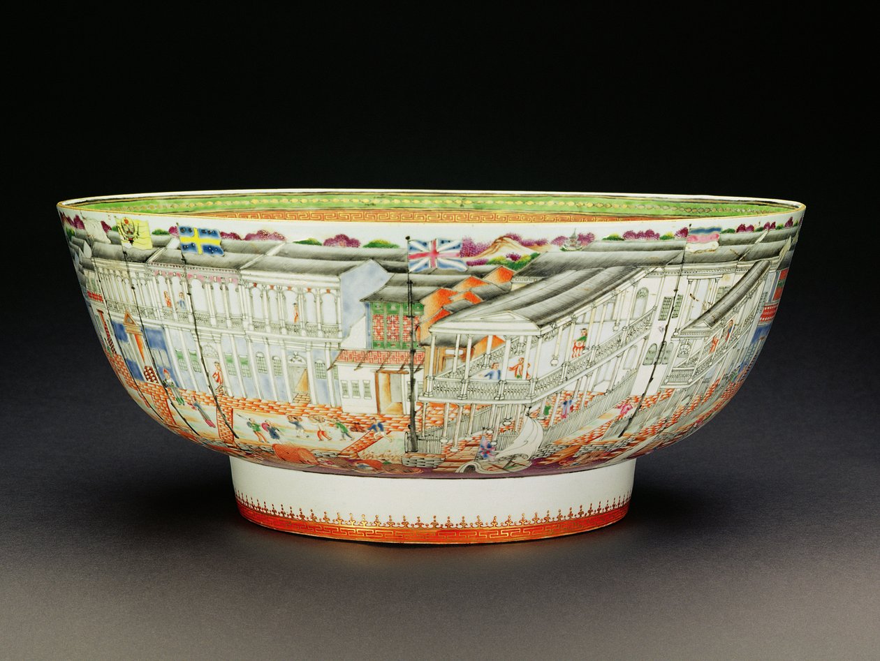 Cuenco decorado en paleta mandarín con una escena de los Hongs en Cantón, período Quianlong, c.1770 de Chinese School
