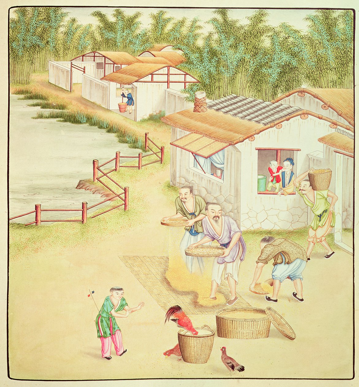 Campesinos chinos cribando arroz de Chinese School