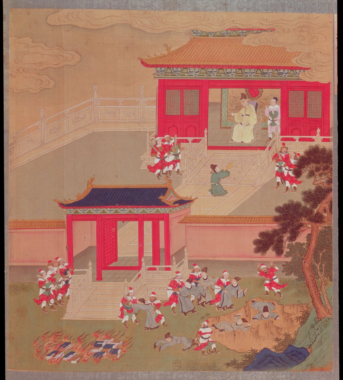 El Emperador Chin Wang Ti (r.221-210 a.C.) quemando todos los libros chinos y arrojando a los académicos a un barranco, de una historia de los emperadores chinos en 213 a.C. de Chinese School