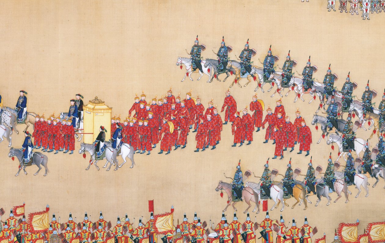 Revisión del emperador Qianlong del gran desfile de tropas, rollo de mano de Chinese School