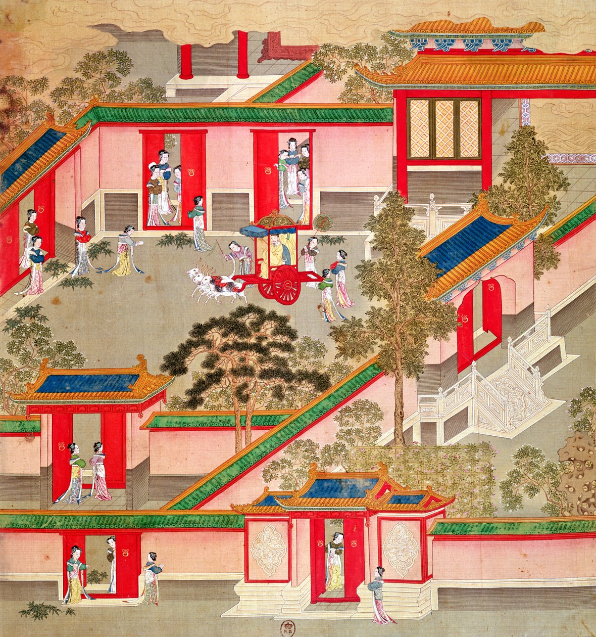 El Emperador Wu Ti (156-87, r.141-87 a.C.), saliendo de su palacio, de una historia de los emperadores chinos de Chinese School