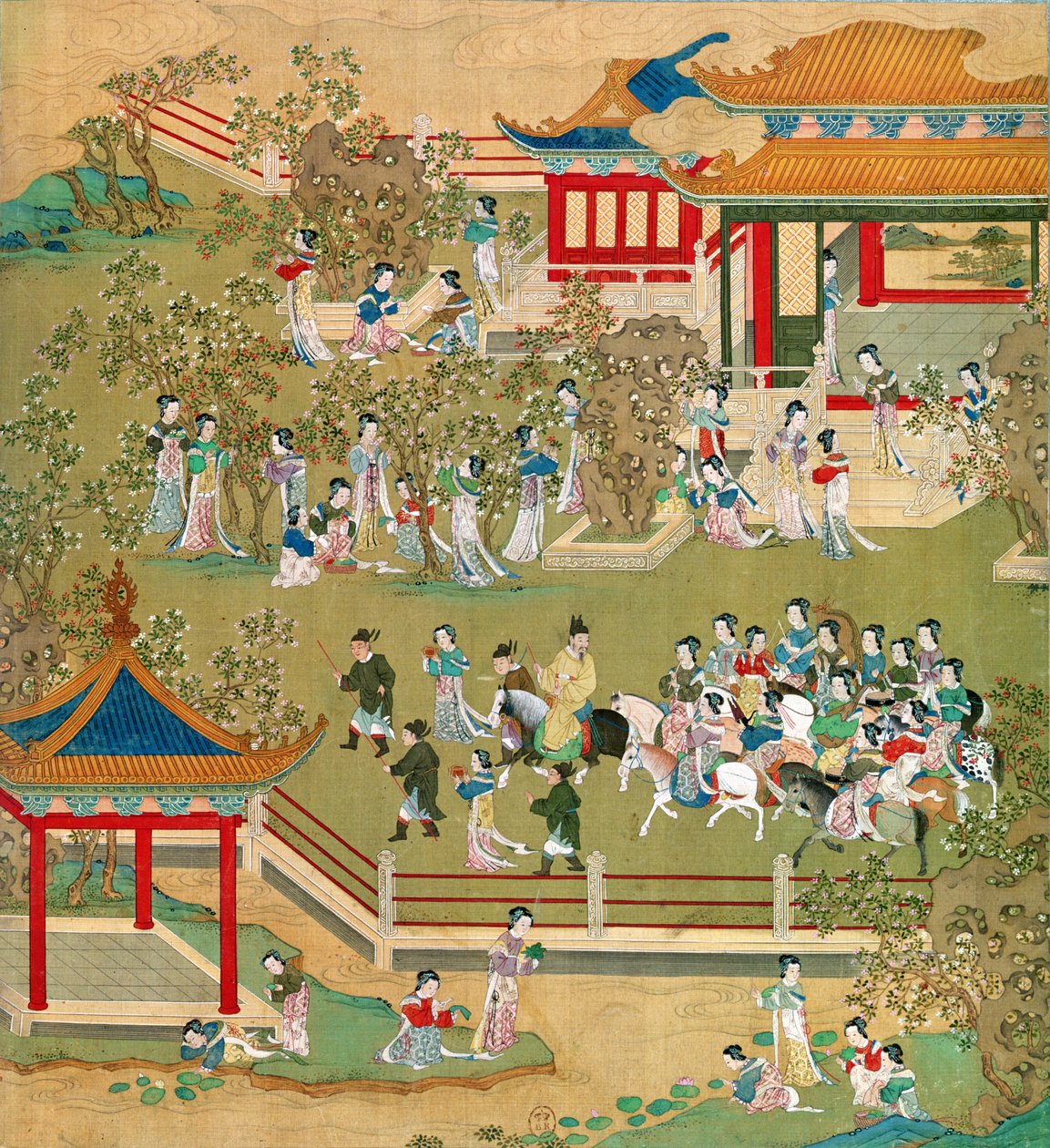 El Emperador Yang Ti (581-618) paseando en sus jardines con sus esposas, de una historia de los emperadores chinos de Chinese School