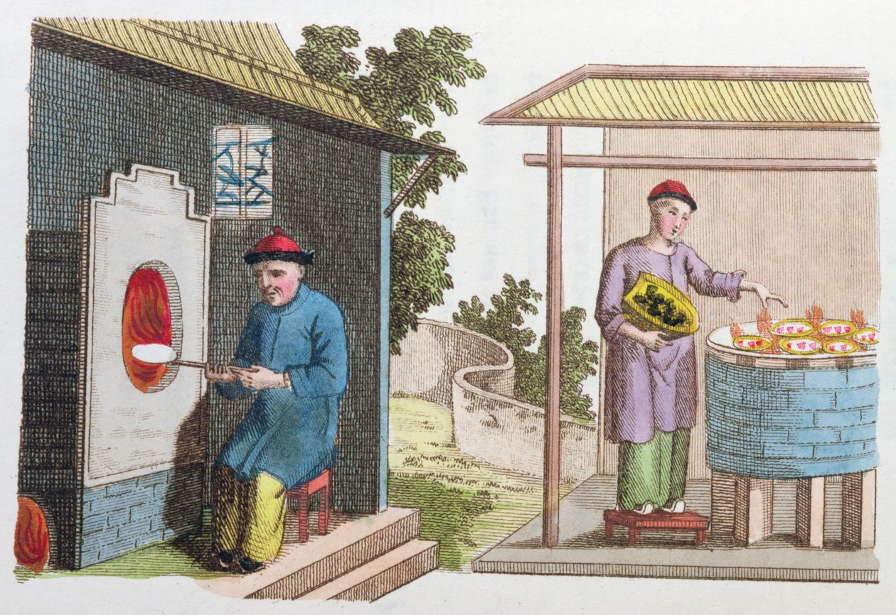 Cocción de porcelana en China a finales del siglo XVIII, de La Chine en Miniature, por J.B. Breton, París, editado por Nepveu, 1811 de Chinese School