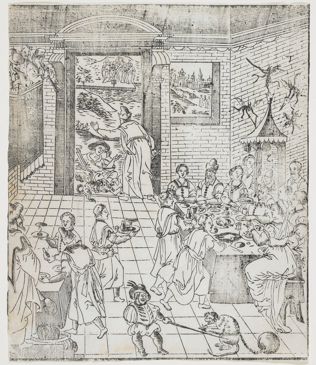 Lázaro en la casa del hombre rico, placa de Giulio Alenis Tianzhu jiangsheng zhuxiang jingjie (Una historia ilustrada del Señor del Cielo que se encarnó en la carne), Iglesia de Jinjiang, Fuji de Chinese School