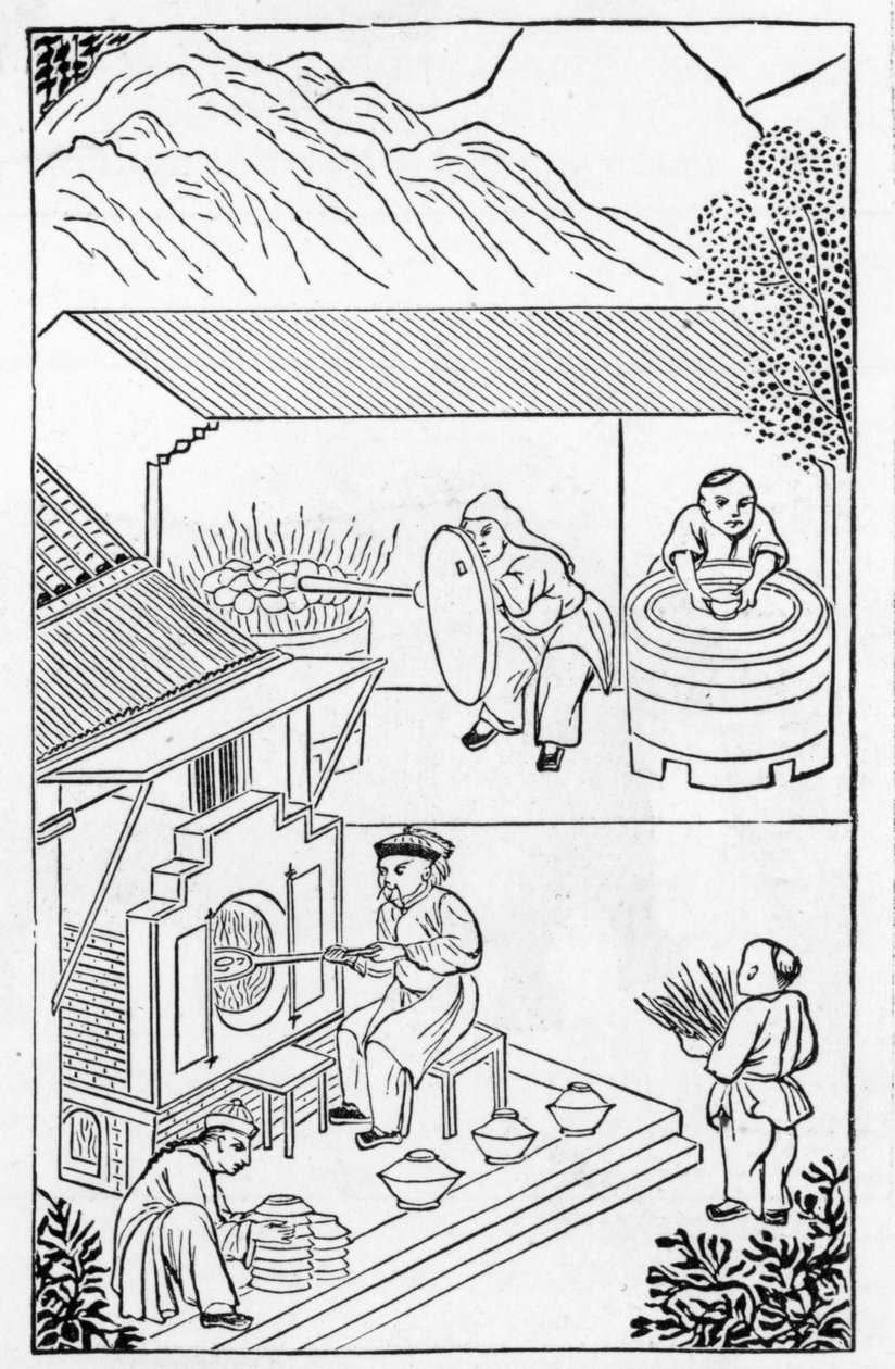 Apertura y cierre de hornos, de una serie de ilustraciones sobre la fabricación de porcelana de Chinese School
