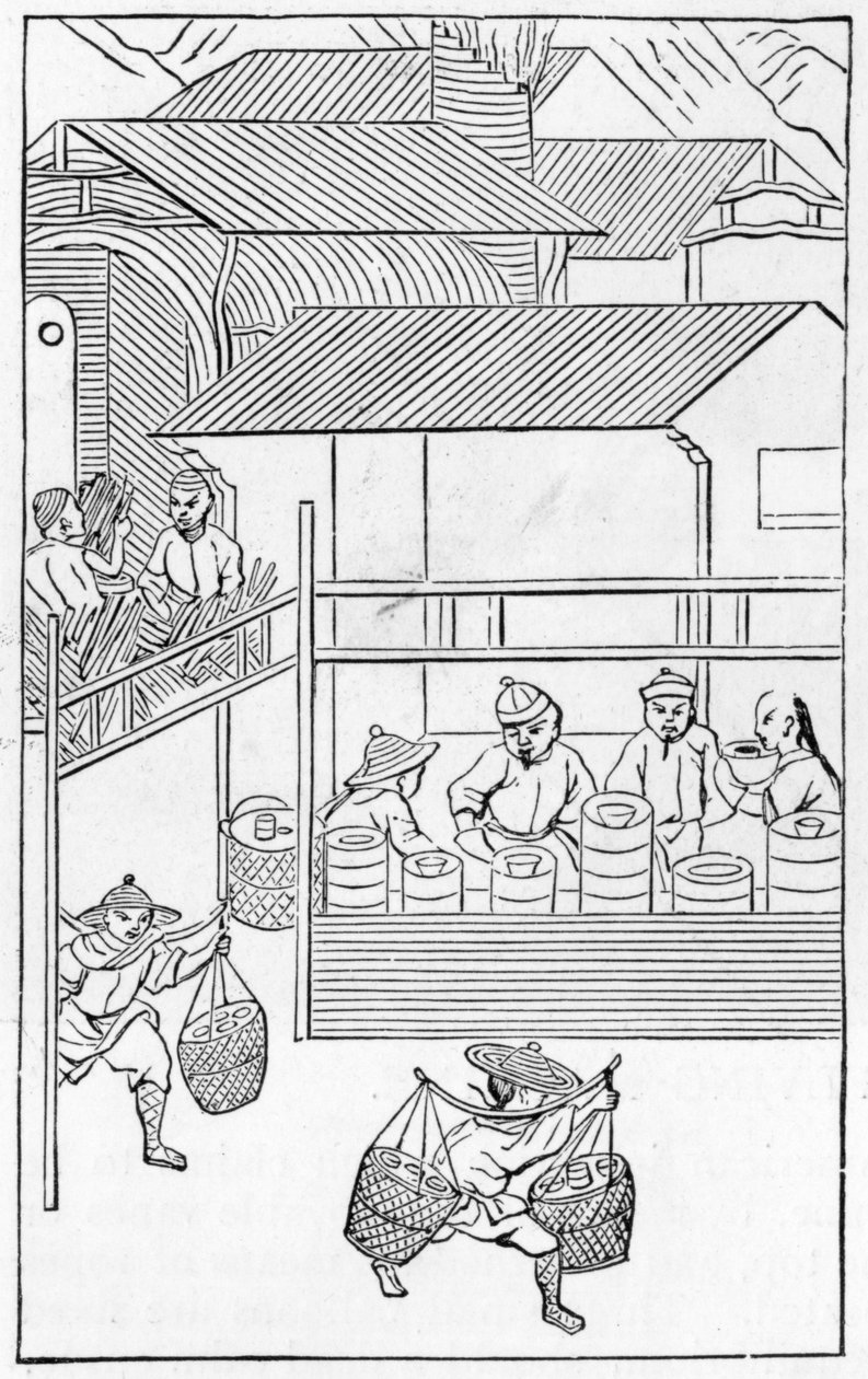 Empaque y transporte de productos terminados, de una serie de ilustraciones sobre la fabricación de porcelana de Chinese School
