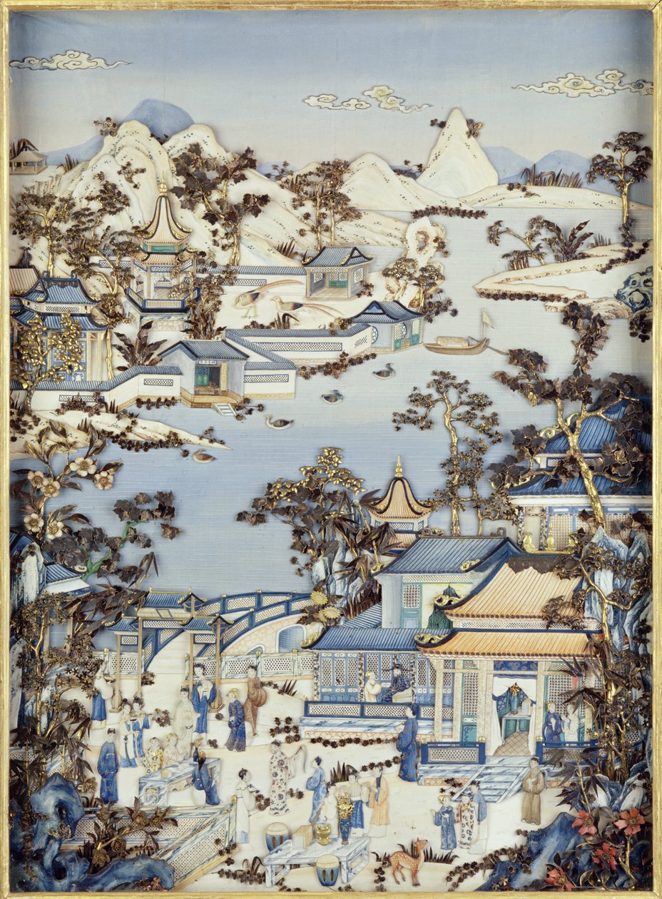 Paneles que representan figuras en una terraza, período Qianlong, 1736-95 de Chinese School