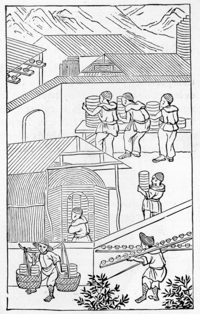 Escena de actividades en una fábrica de porcelana, de una serie de ilustraciones sobre la fabricación de porcelana de Chinese School