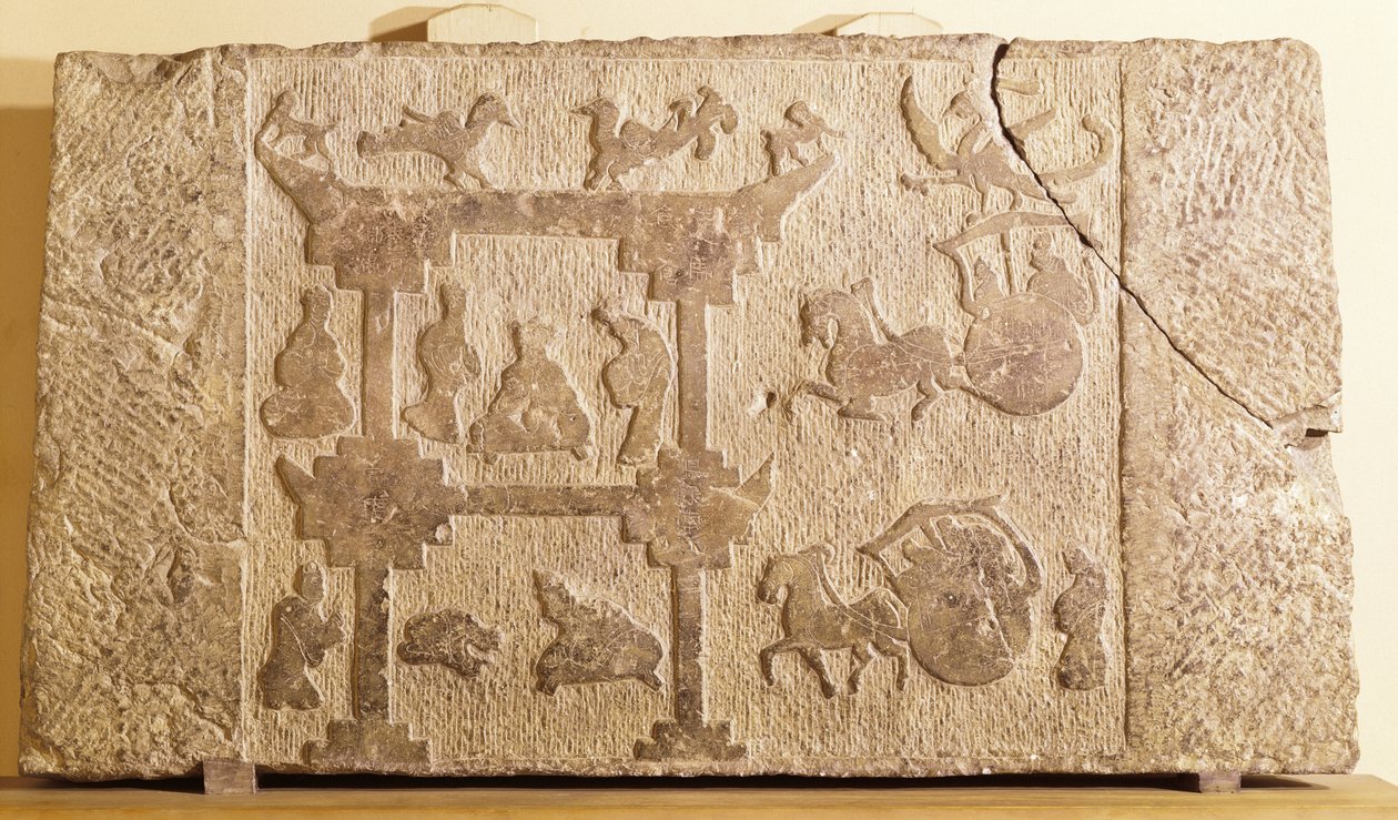 Losa decorada con carruajes y aves míticas, Dinastía Han (206 a.C.-220 d.C.) de Chinese School