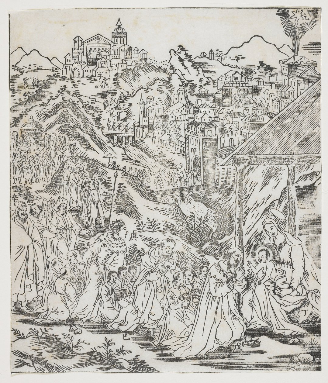 La adoración de Cristo, placa de Giulio Alenis Tianzhu jiangsheng zhuxiang jingjie (Una historia ilustrada del Señor del Cielo que se encarnó en la carne), Iglesia de Jinjiang, Provincia de Fujian de Chinese School