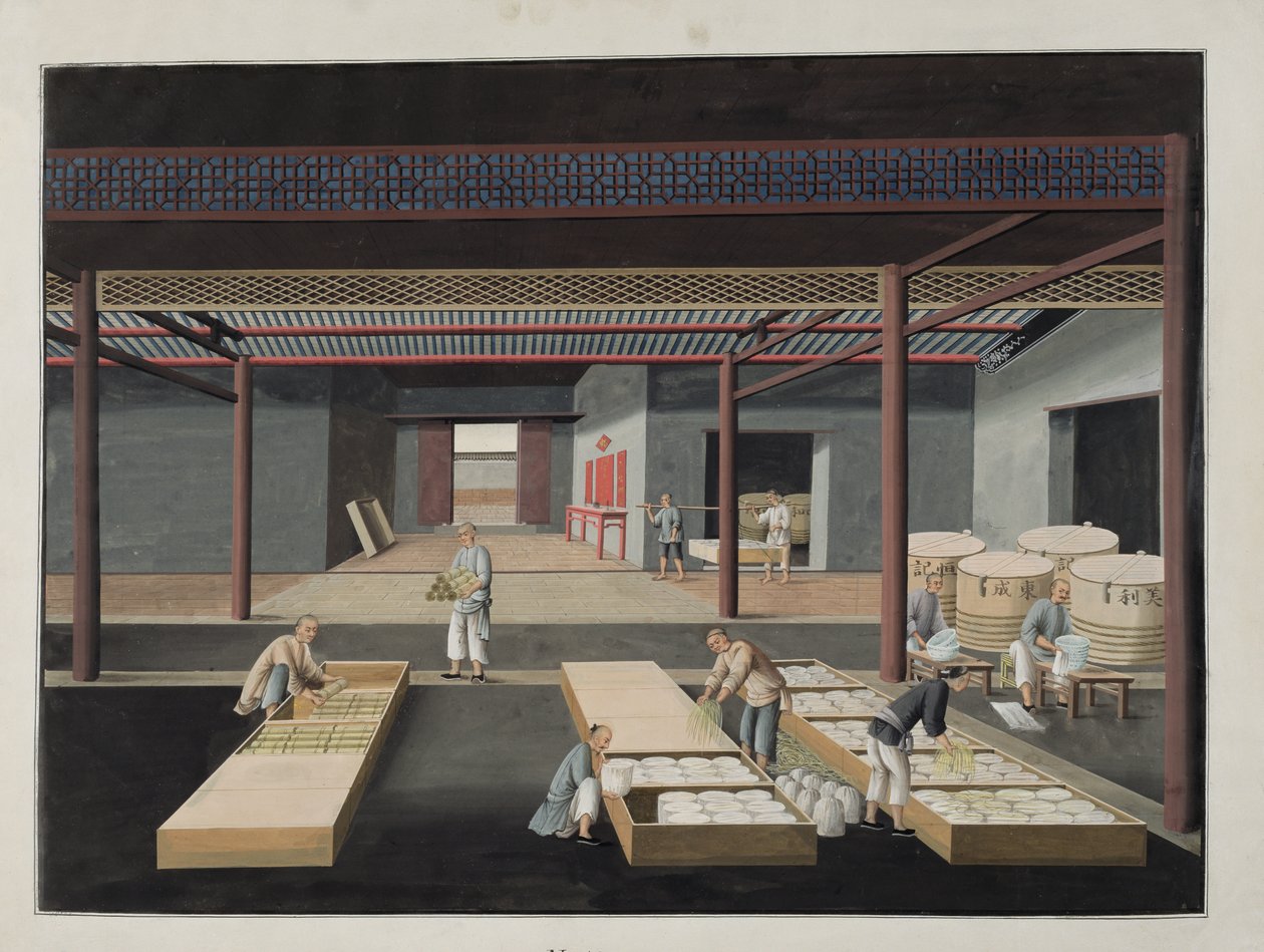 El Embalaje y Empaque de Tazones y Platos, lámina 12 de una serie de doce que representan el proceso de fabricación de porcelana china, siglo XIX de Chinese School