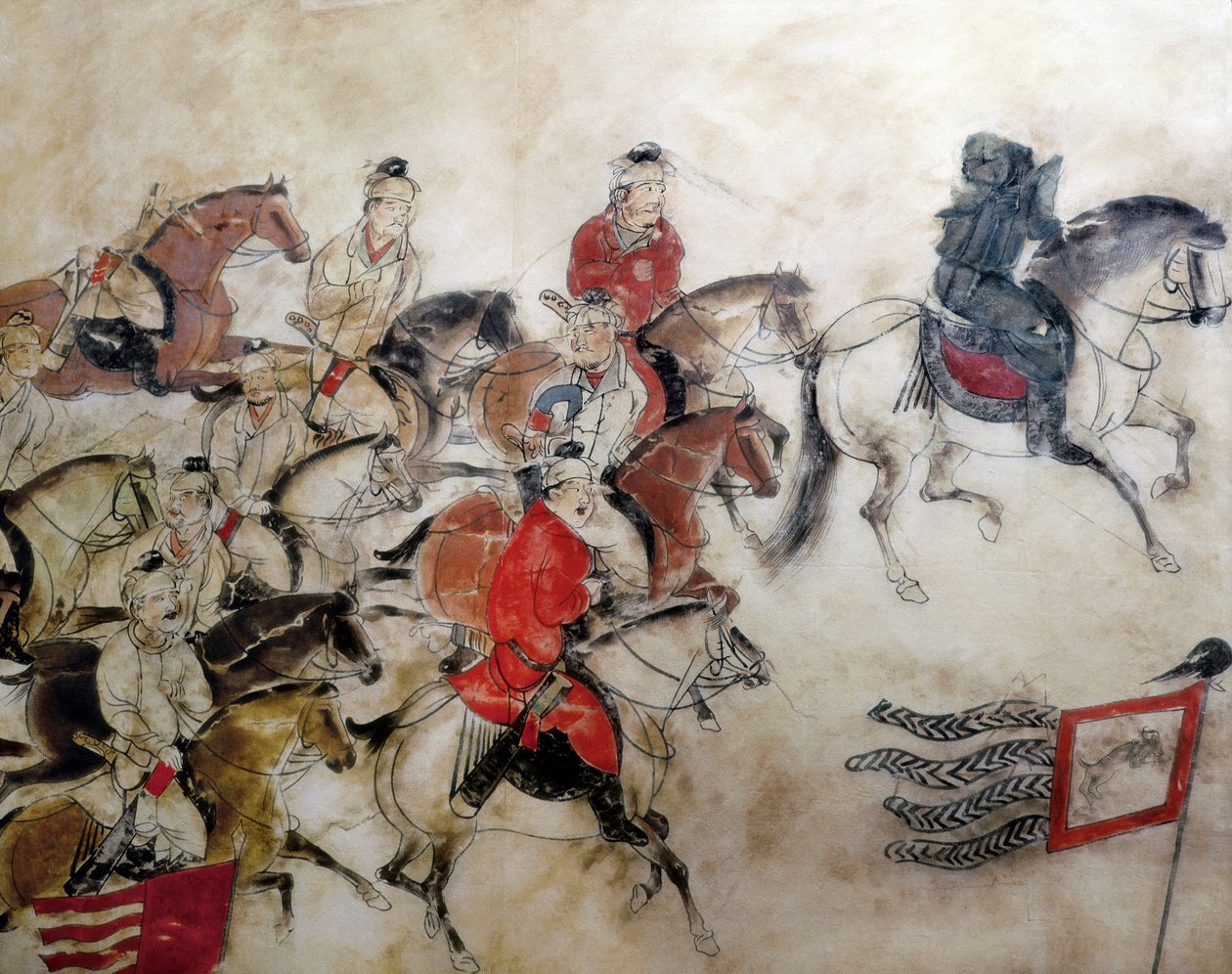 Tumba del Príncipe Zhanghuai, escena de caza con caballos, Xian, período Han, 706 (mural) de Chinese School