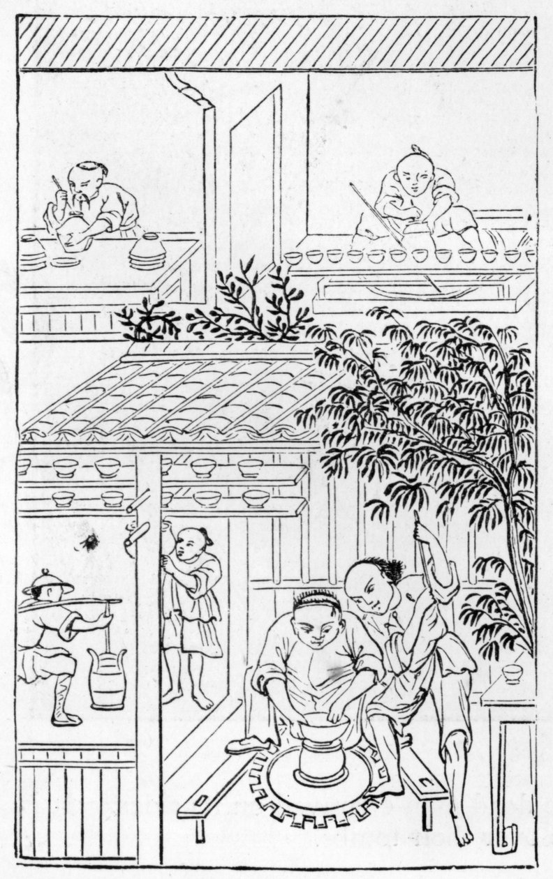 Torneado de cuencos, de una serie de ilustraciones sobre la fabricación de porcelana de Chinese School