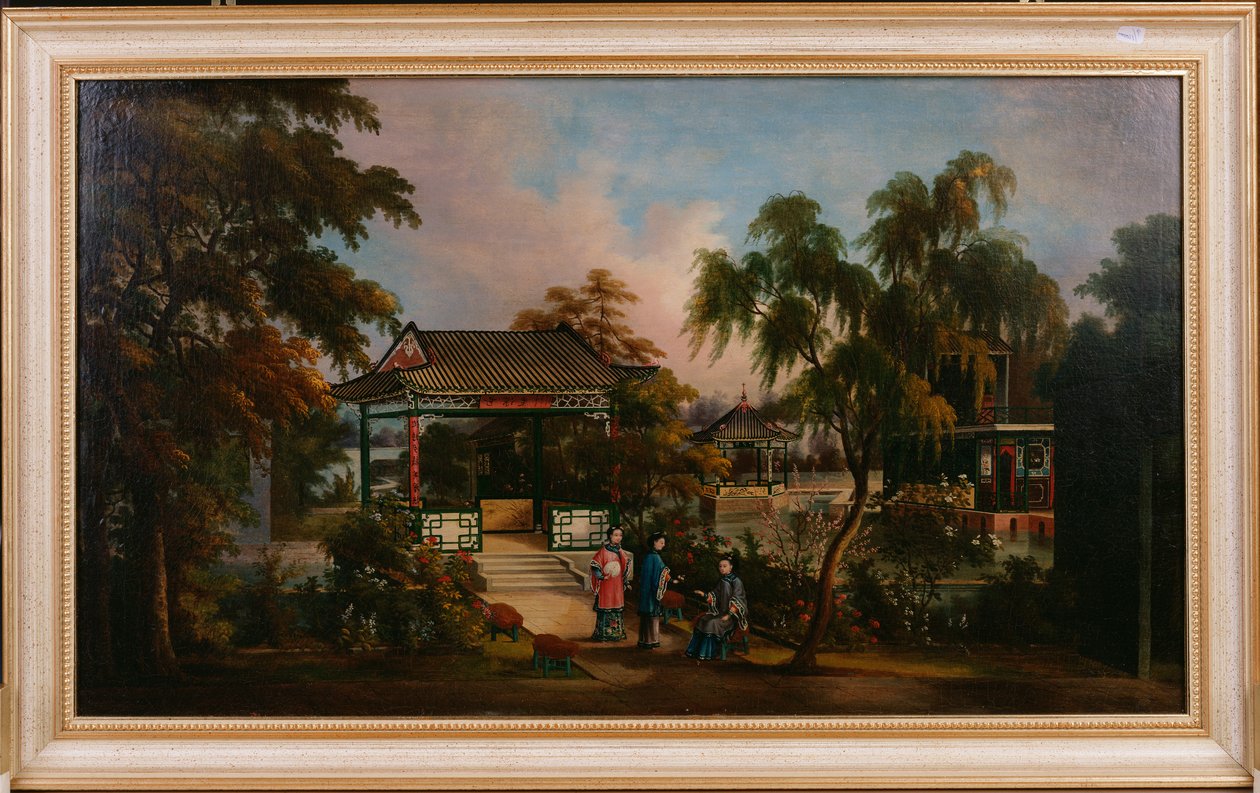 Vista del Jardín de Howqua en Cantón con damas en un pabellón, c.1850 de Chinese School