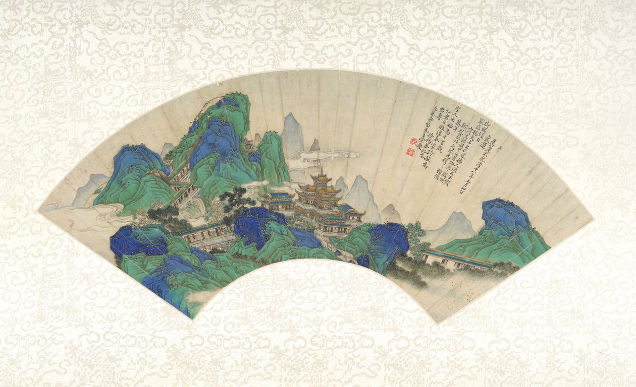 Palacios de los Inmortales, abanico plegable montado como hoja de álbum, 1753 de Chinese School Chinese School