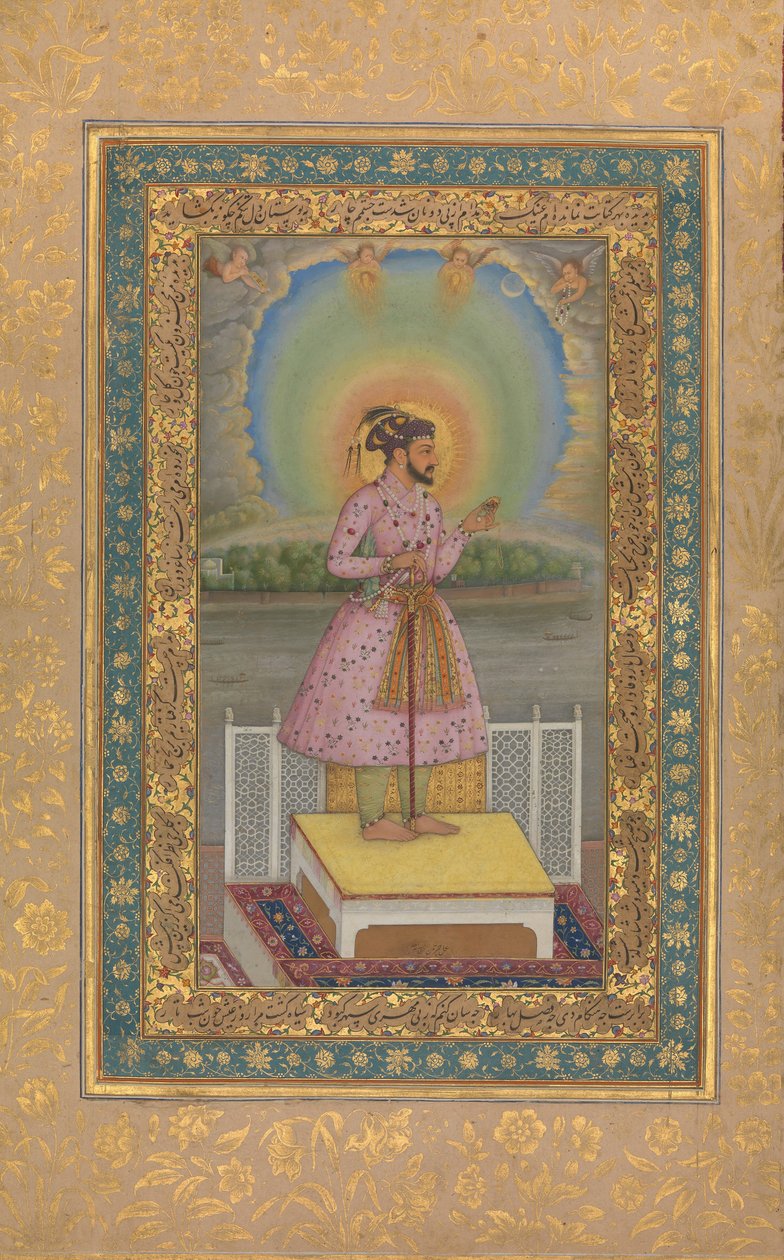 Shah Jahan en una terraza, sosteniendo un colgante con su retrato, Folio de Chitarman
