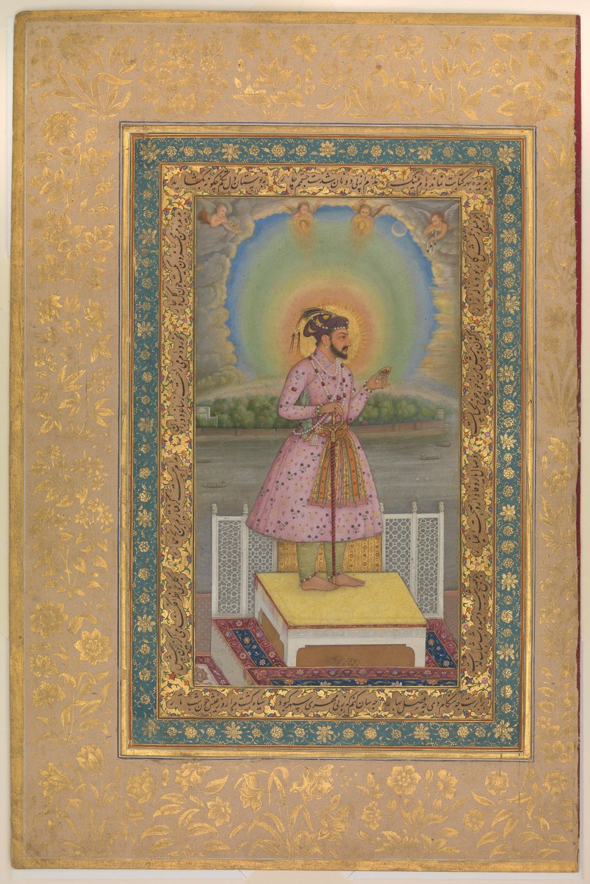 Shah Jahan en una terraza, sosteniendo un colgante con su retrato, folio del álbum Shah Jahan, recto: 1627-28 de Chitarman
