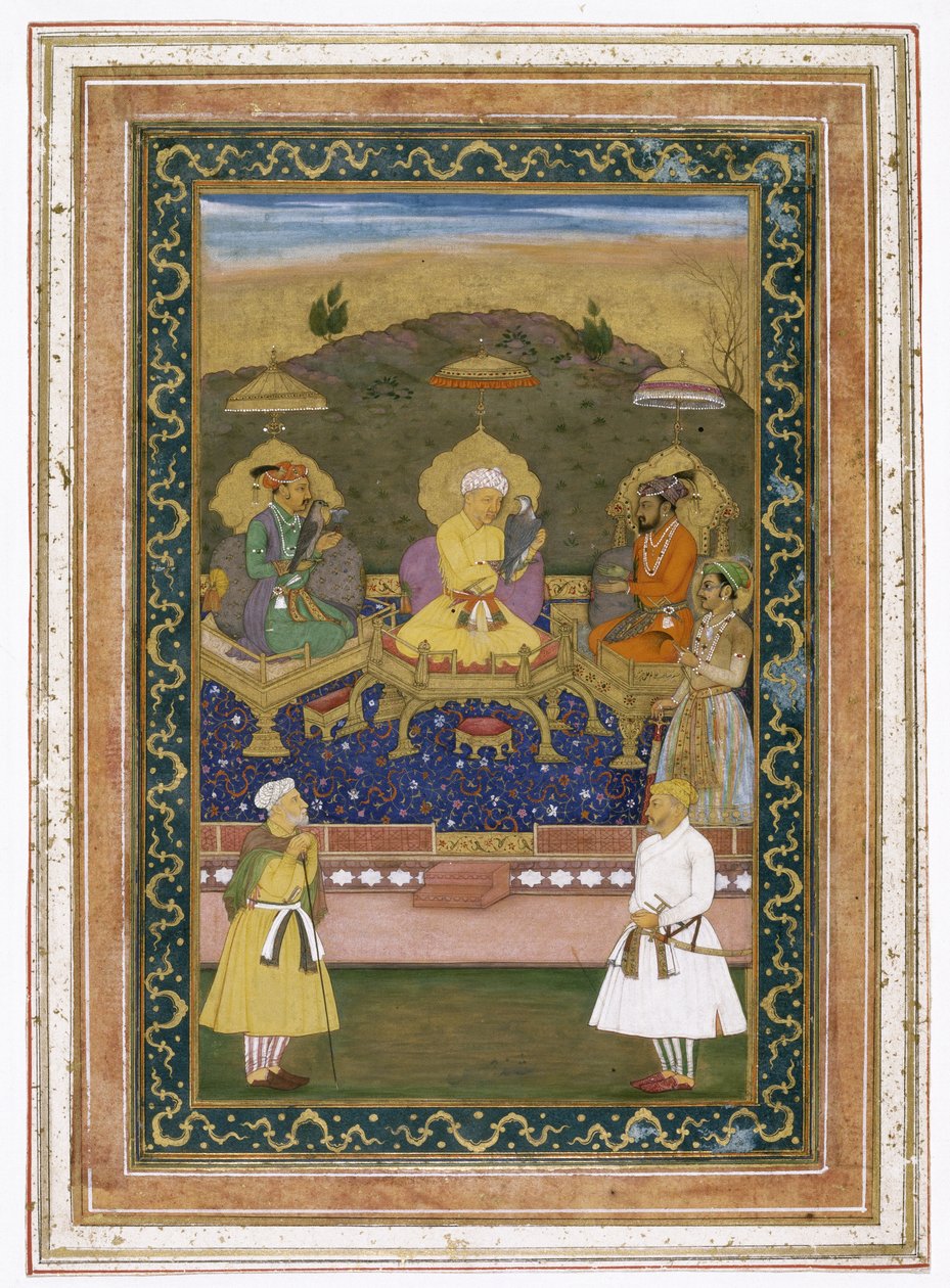 Los Emperadores Akbar, Jahangir y Shah Jahan con sus ministros y el príncipe Dara Shikoh de Chitarman