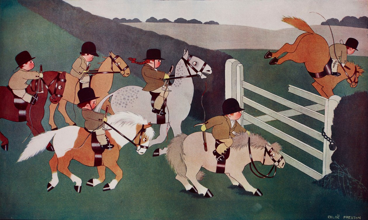 The gate crashers, jockeys on horseback, viñeta de Chloe Preston (1887-1969) extraída de The Tatler, nº 1435, 26 de diciembre. de Chloe Preston