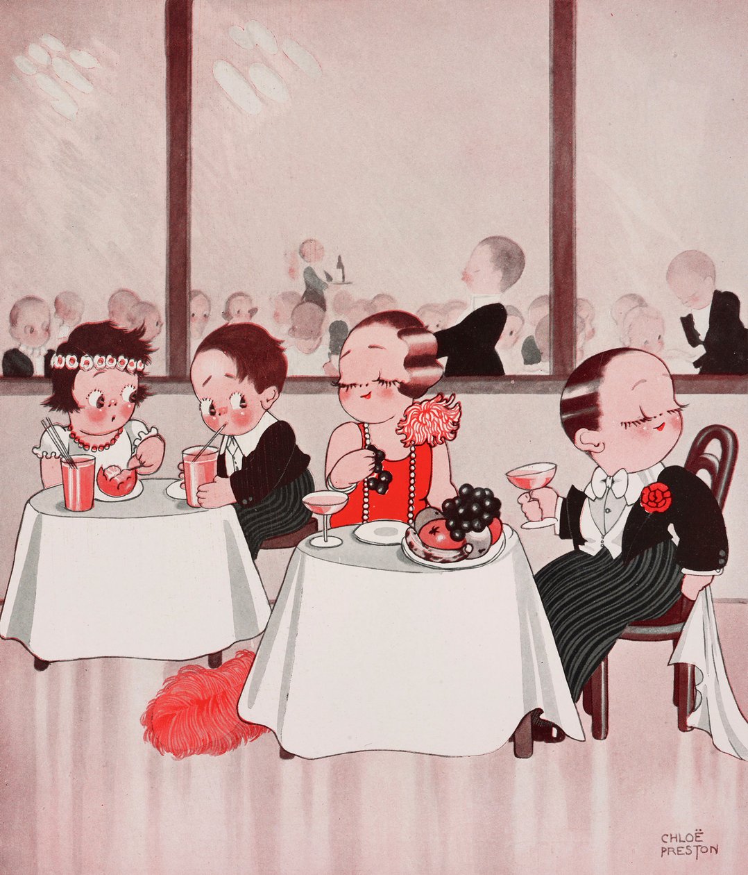 Town mice and country mice, Refined citizens vs unrefined countrymen, restaurant scene, dibujo de Chloe Preston (1887-1969) extraído de The Tatler, nº 1384, 4 de enero. de Chloe Preston