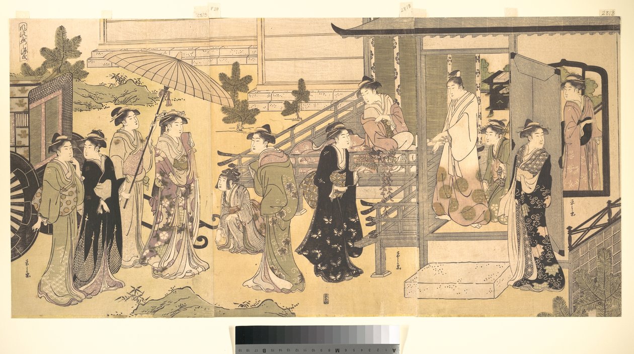 Una escena disfrazada de La historia de Genji (Fūryū Yatsushi Genji), capítulo 33, «Hojas de glicina (Fuji no uraba)» de Chobunsai Eishi