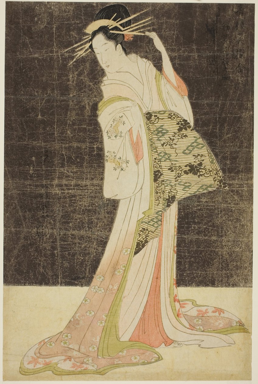 Selección de bellezas de los barrios de recreo (Seiro bijin awase): Cortesanas contratadas para las fiestas de Año Nuevo - Takigawa of the Ogiya, c.1794 (xilografía en color; oban) de Chobunsai Eishi