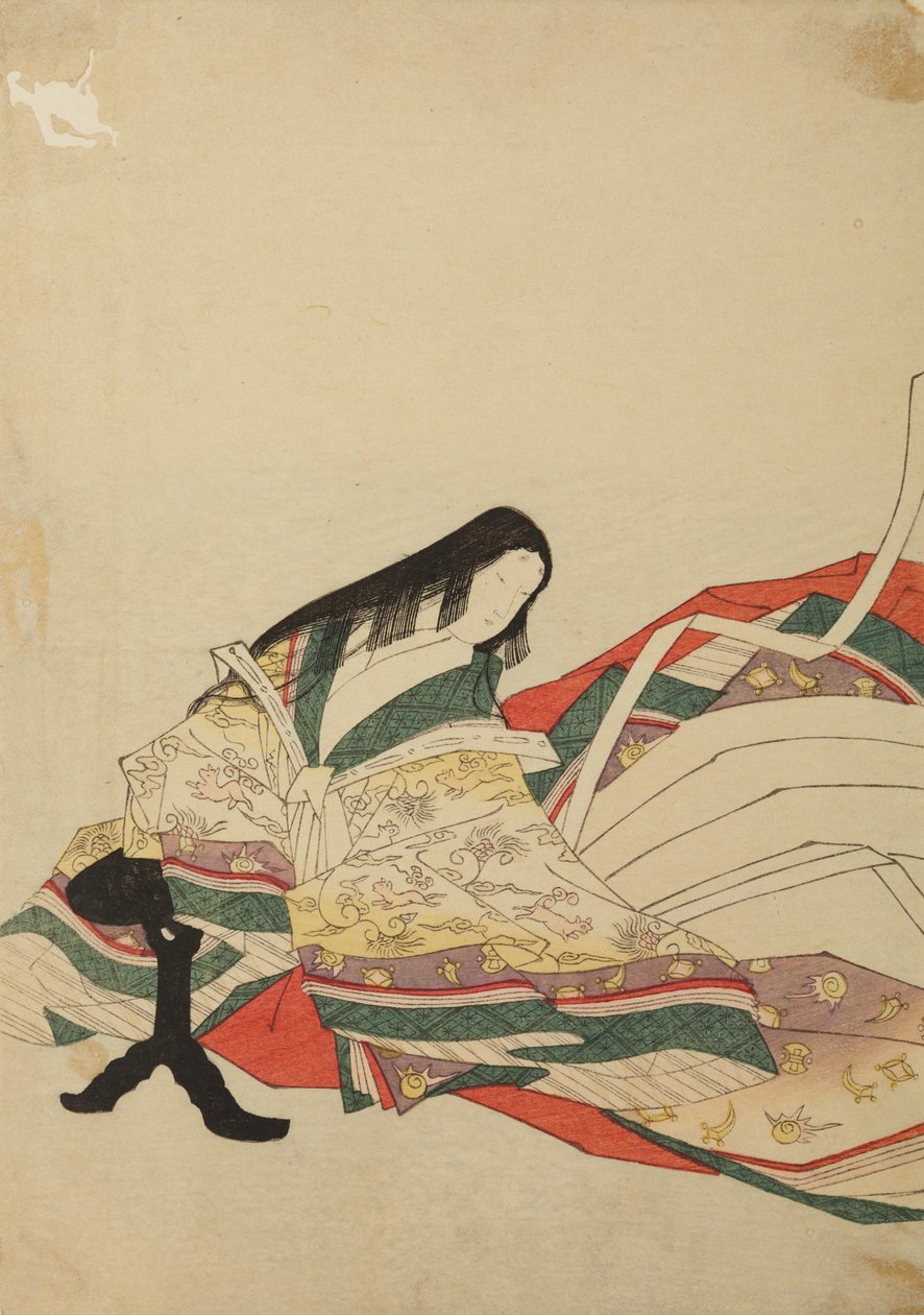 Dama de la corte sentada ante una mesita negra, lámina del álbum: «Nishiki-zuri onna sanju rokkasen e-zukushi» de Chobunsai Eishi