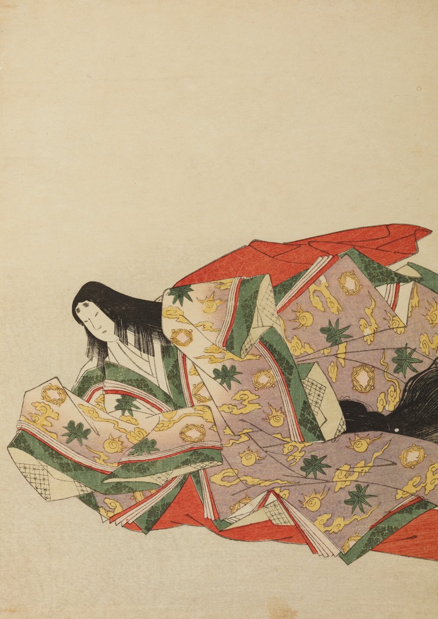 Dama de corte sentada con una túnica violeta clara de motivos verdes y amarillos, lámina del álbum: Nishiki-zuri onna sanju rokkasen e-zukushi de Chobunsai Eishi