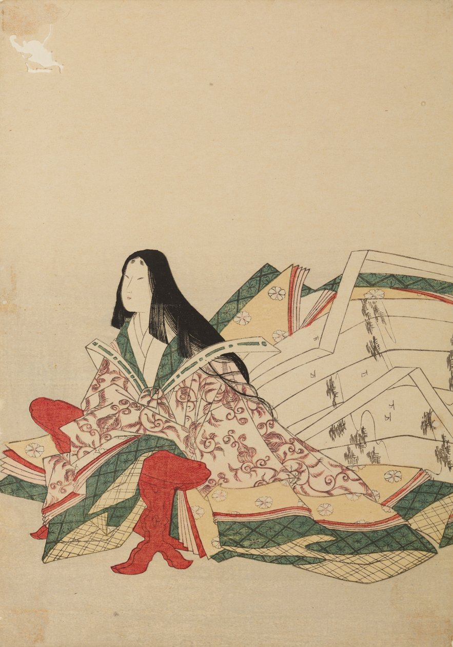 Una dama de la corte sentada, apoyada en un kyosoku; lámina del álbum: «Las treinta y seis poetisas» / Nishiki-zuri onna rokkasen e-zukushi de Chobunsai Eishi