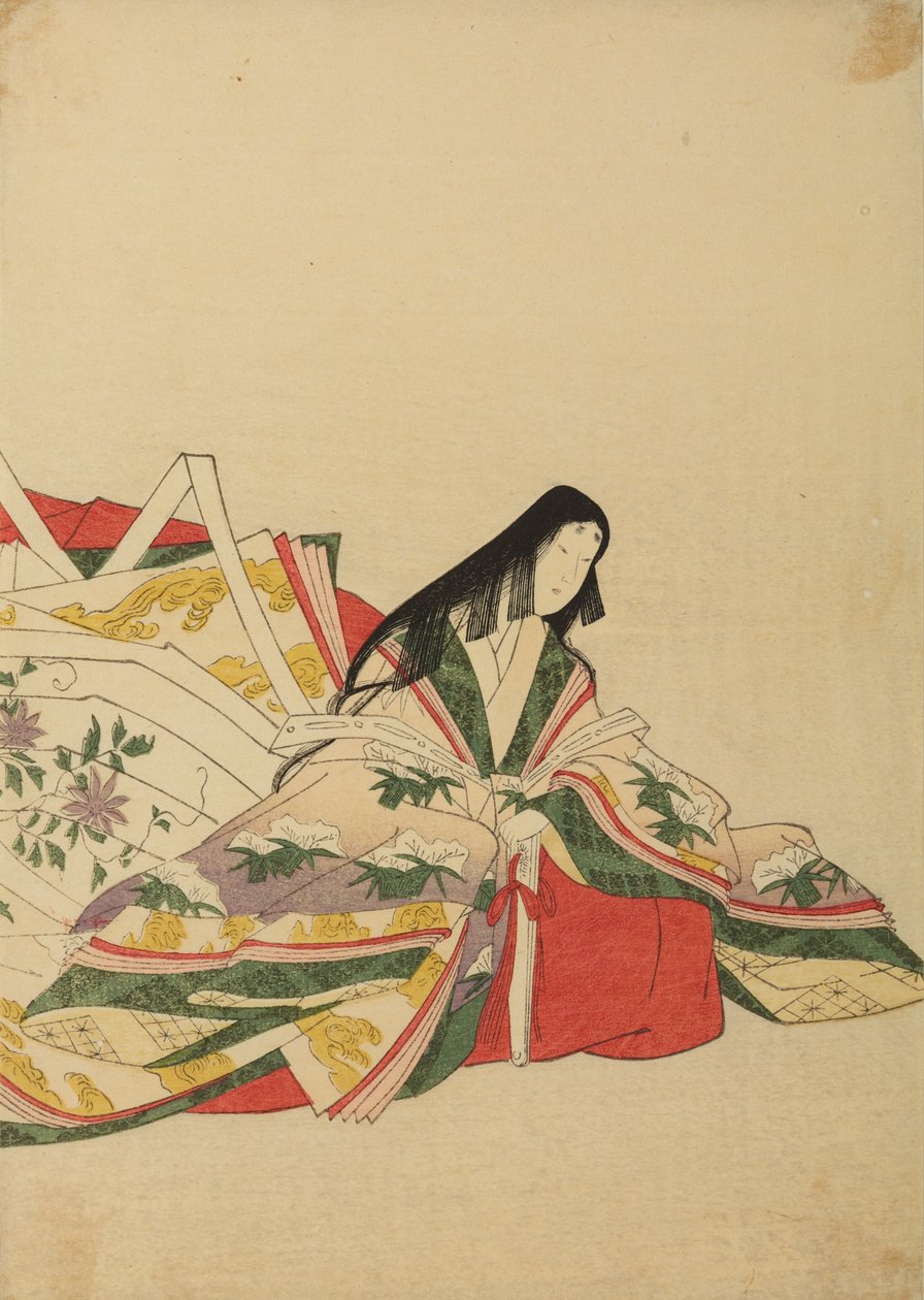 Dama de la corte sentada, apoyada en un abanico; lámina del álbum: «Nishiki-zuri onna sanju rokkasen e-zukushi» de Chobunsai Eishi