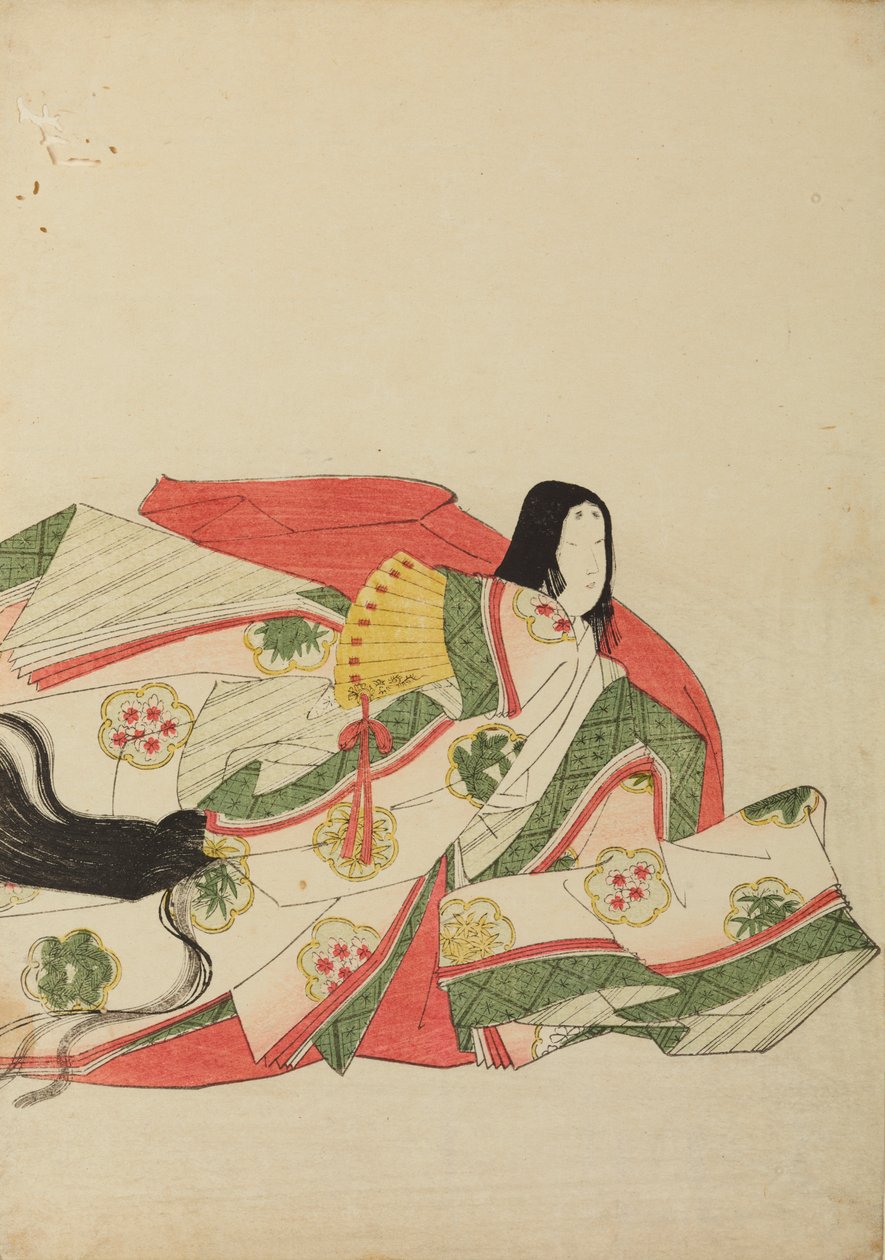 Dama de la corte sentada con un abanico amarillo, lámina del álbum: Nishiki-zuri onna sanju rokkasen e-zukushi de Chobunsai Eishi
