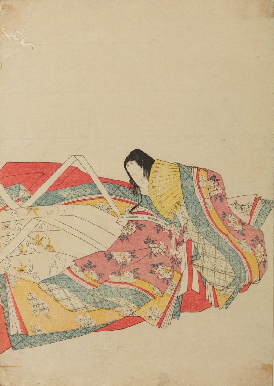Dama de corte sentada con abanico amarillo, lámina del álbum: Treinta y seis poetisas / Nishiki-zuri onna sanju rokkasen e-zukushi de Chobunsai Eishi