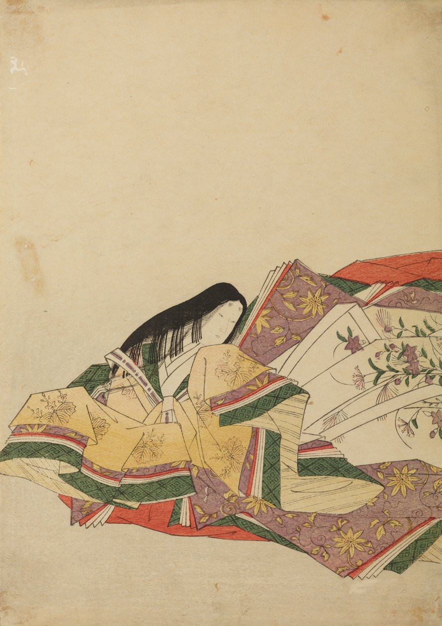 Dama de la corte sentada, mirando hacia la izquierda, lámina del álbum: «Nishiki-zuri onna sanju rokkasen e-zukushi» de Chobunsai Eishi