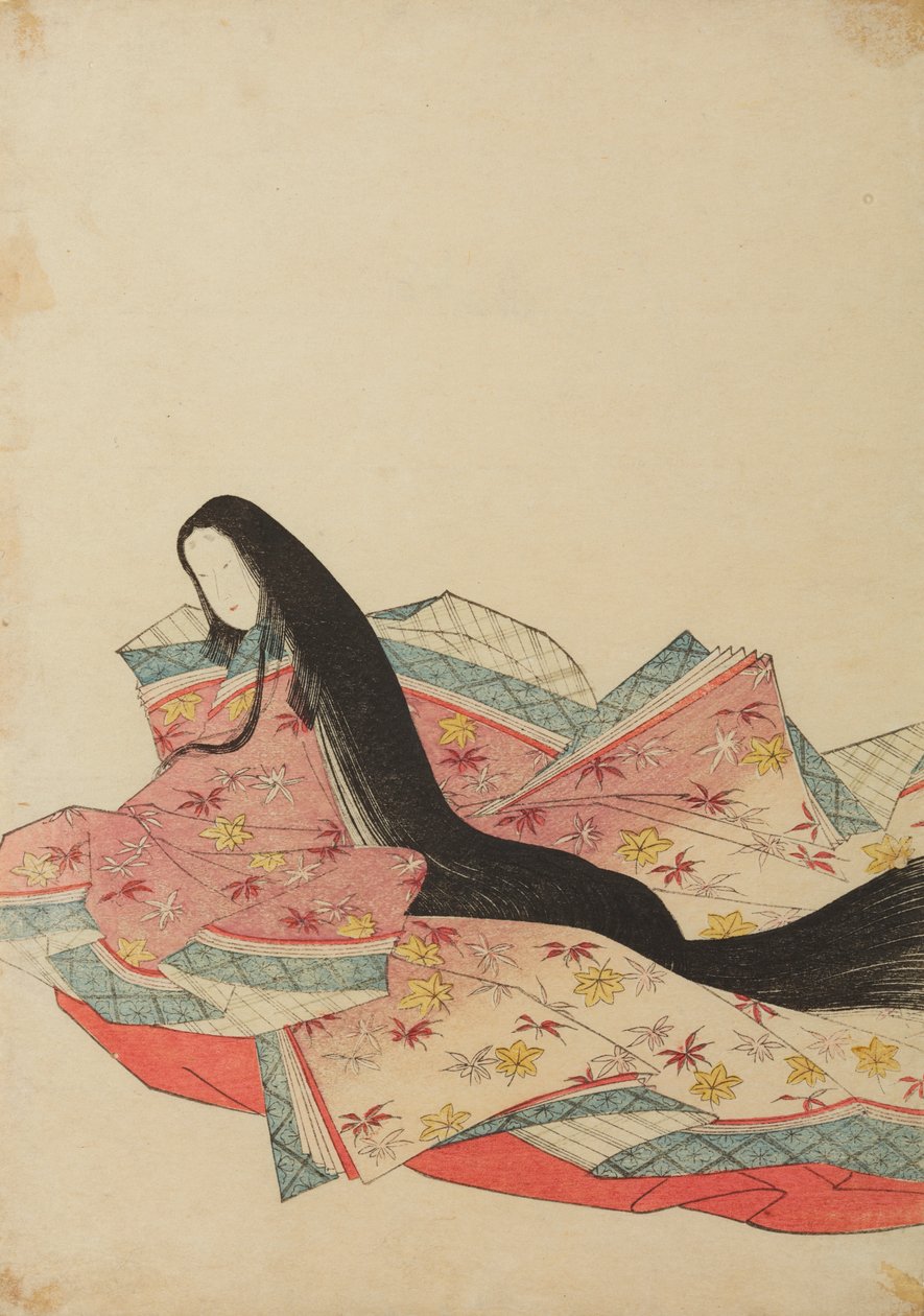 Dama de la corte sentada, mirando hacia la izquierda, con un vestido lila-rosa; lámina del álbum: «Nishiki-zuri onna sanju rokkasen e-zukushi» de Chobunsai Eishi