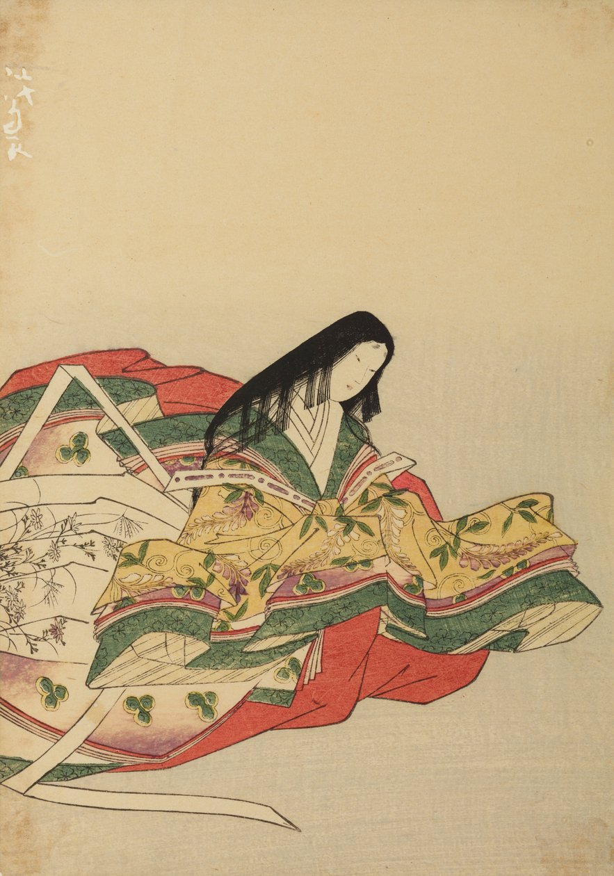 Dama de la corte sentada, mirando hacia la derecha, lámina del álbum: «Nishiki-zuri onna sanju rokkasen e-zukushi» de Chobunsai Eishi