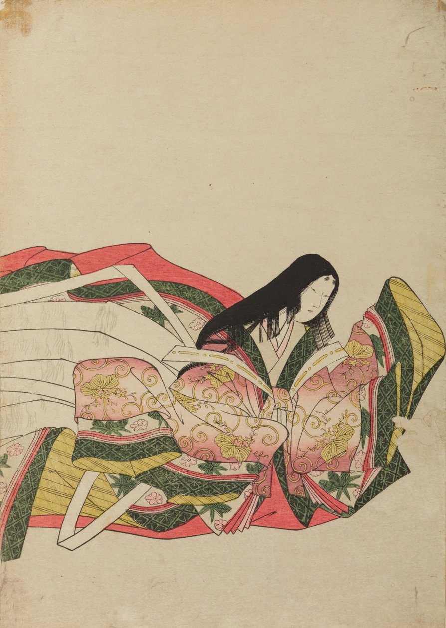 Dama de la corte sentada, mirando hacia la derecha, lámina del álbum: Treinta y seis poetisas / Nishiki-zuri onna sanju e-zukushi de Chobunsai Eishi