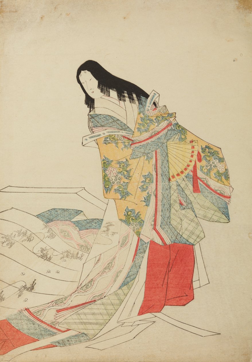 Dama de la corte de pie con abanico, lámina del álbum: Nishiki-zuri onna sanju e-zukushi de Chobunsai Eishi