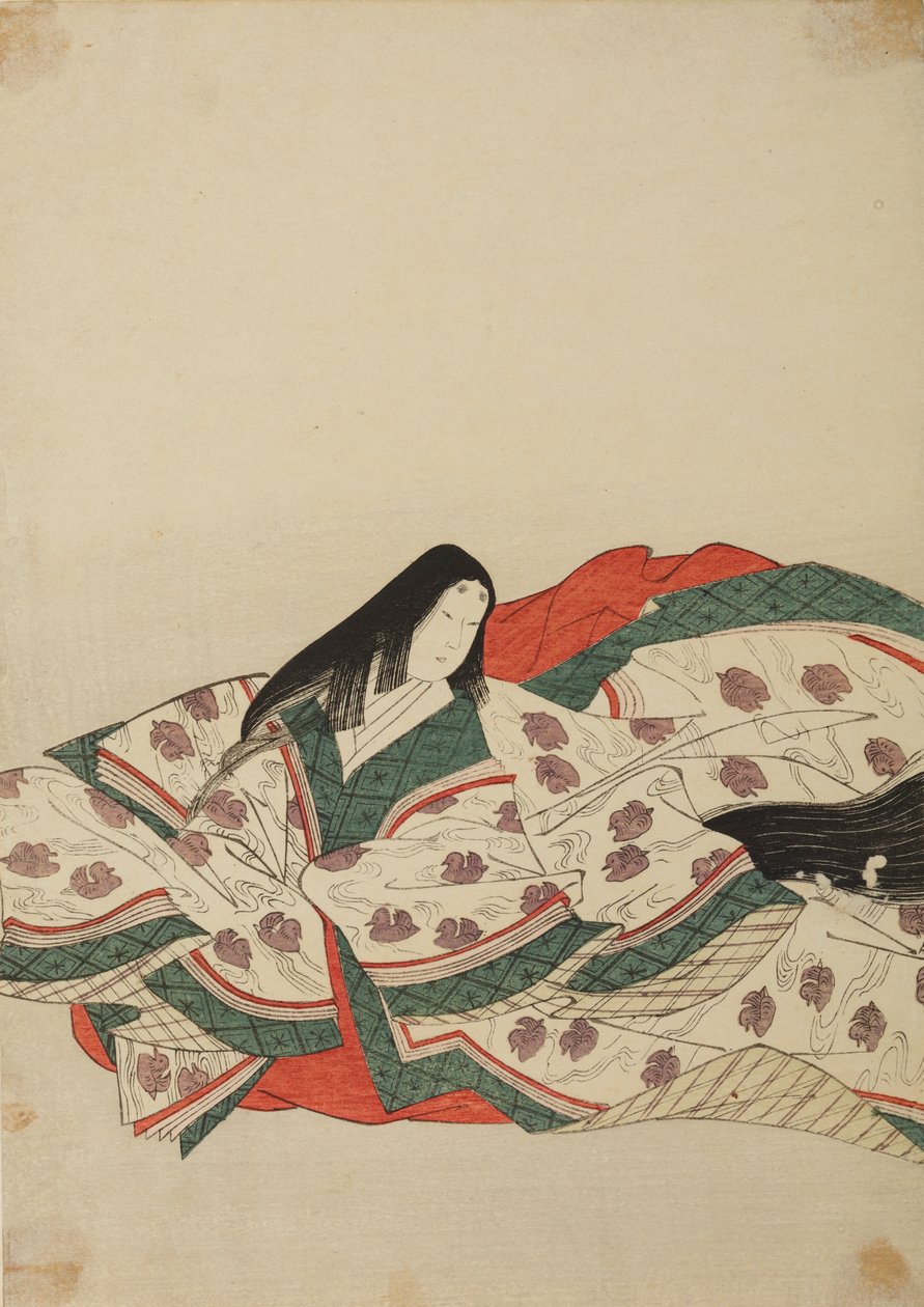 Dama de la corte con kimono blanco con motivo de patitos sobre el agua, lámina del álbum: Nishiki-zuri onna sanju rokkasen e-zukushi de Chobunsai Eishi